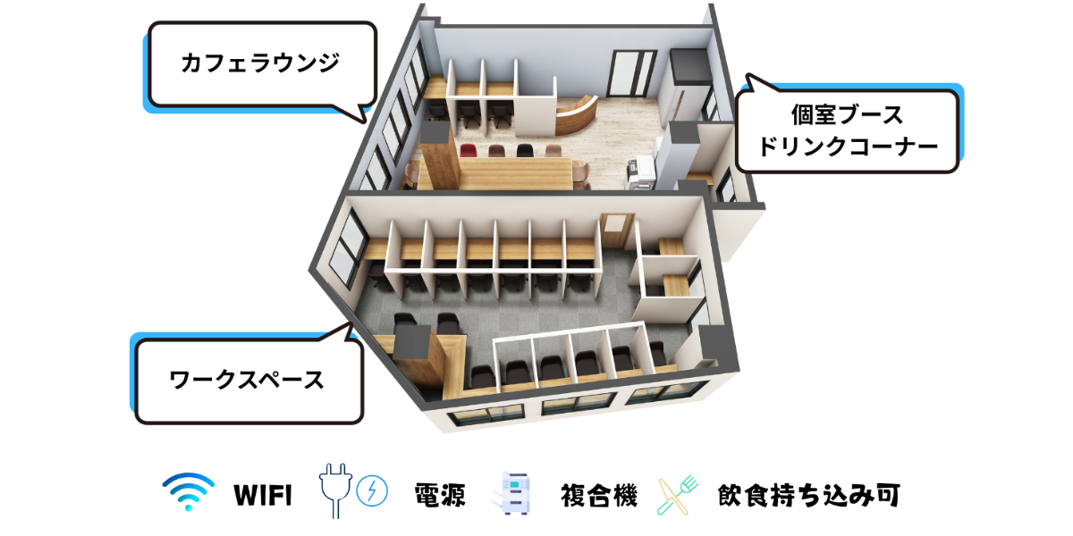 勉強カフェ大阪京橋コムズガーデン前|自習室よりも勉強カフェの鳥瞰図